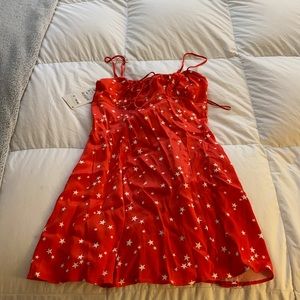 Zara satin effect star dress in red / white, S